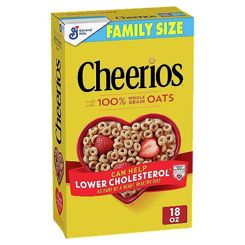General Mills Cheerios Toasted Whole Grain Oat Cereal Family Size, 1 lb 2 oz
Can Help Lower Cholesterol* As Part of a Heart Healthy Diet
*Three Gram of Soluble Fiber Daily from Whole Grain Oat Foods, Like Cheerios™ Cereal in a Diet Low in Saturated Fat and Cholesterol, May Reduce the Risk of Heart Disease. Cheerios Provides 1.5 Gram per Serving.

From our ❤ to yours
100% whole grain oats your heart will thank you for.
These little Os are circular dynamos packed with soluble fiber that is linked with happy, healthy hearts* - Thanks for that, whole grain oats! Or just think of them as a delicious start to your day. Either way, it's 100% oat-loving awesomeness.

*Three Gram of Soluble Fiber Daily from Whole Grain Oat Foods, Like Cheerios™ Cereal in a Diet Low in Saturated Fat and Cholesterol, May Reduce the Risk of Heart Disease. Cheerios Provides 1.5 Gram per Serving.