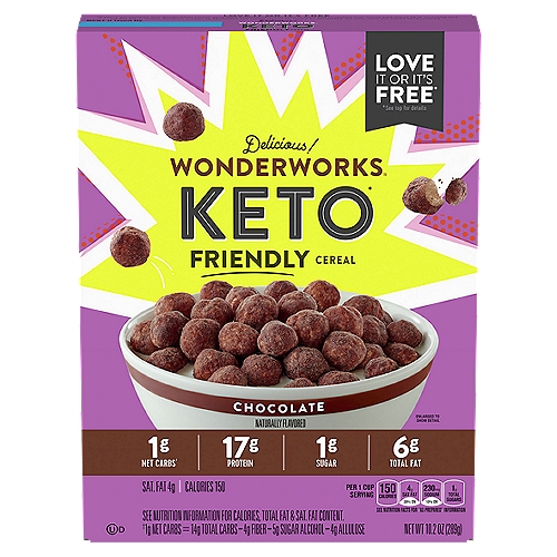Keto*n*Always consult your physician before starting an eating plan that involves the regular consumption of high fat foods.nn1g Net Carbs†n†1g Net Carbs = 14g Total Carbs - 4g Fiber - 5g Sugar Alcohol - 4g AllulosennFilled with Wonder & a whole lot of happiness!nWe have always wondered why it's so hard to find a cereal that is keto* friendly and great tasting ...so we decided to make one ourselves! Remember how happy you were when you go to dig into a bowl of your favorite cereal as a kid? Wonderworks Keto* Friendly Cereal is kind of like that, except with 1g net carbs†, 17g protein, 6g fat, and 1g sugar per serving* so you can feel like a kid again without eating like one.n*See nutrition information for calories, total fat & sat. fat content.