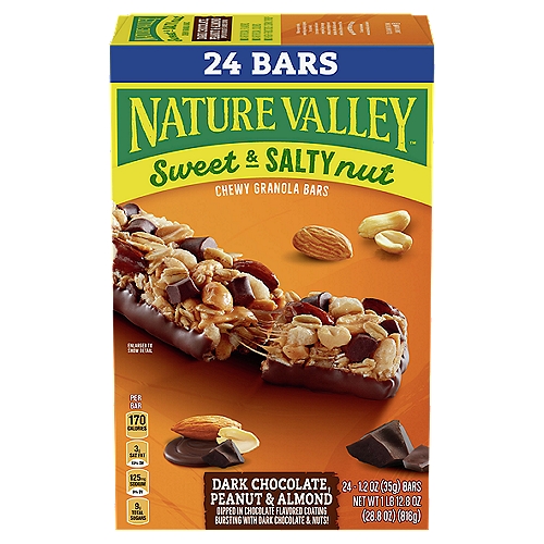 Nature Valley Dark Chocolate, Peanut & Almond Chewy Granola Bars, 1.2 oz, 24 count
Dark Chocolate, Peanut & Almond Dipped in Chocolate Flavored Coating