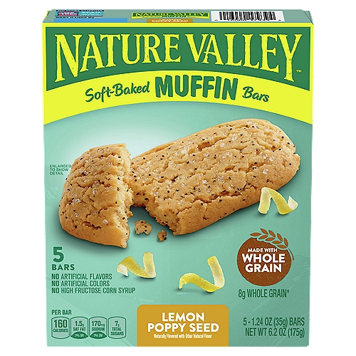 Nature Valley Lemon Poppy Seed Soft-Baked Muffin Bars, 1.24 oz, 5 count
8g Whole Grain*
*8g of whole grain per serving. At least 48g recommended daily.