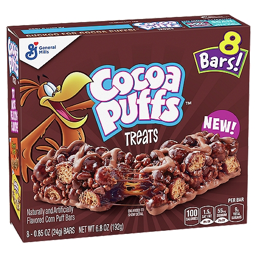 General Mills Cocoa Puffs Treats Bars, 0.85 oz, 8 count
Naturally and Artificially Flavored Corn Puff Bars

Cuckoo for Cocoa Puffs!™