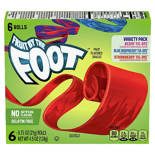 Fruit by the Foot Fruit Flavored Snacks Variety Pack, 0.75 oz, 6 count
Berry Tie-Dye™
Flavored with Other Natural Flavors

Blue Raspberry Tie-Dye™
Flavored with Other Natural Flavors

Strawberry Tie-Dye™
Flavored with Other Natural Flavors