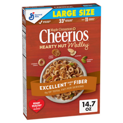 Cheerios Hearty Nut Medley Breakfast Cereal, Maple Cinnamon Flavored, Made With Whole Grain, Large Size, 14.7 oz