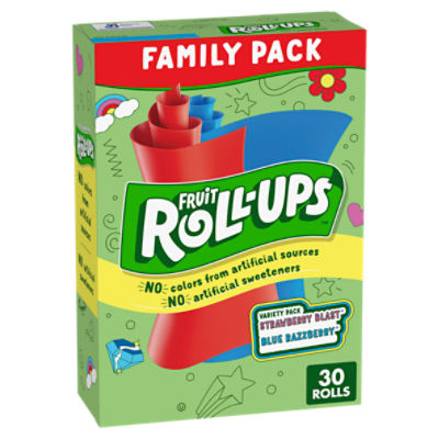 Fruit Roll-Ups Strawberry Blast Blue Razzberry Fruit Flavored Snacks Family Pack, 0.5 oz, 30 count