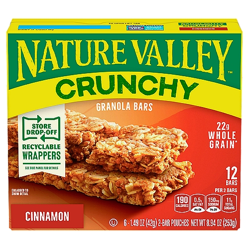 Nature Valley Crunchy Cinnamon Granola Bars, 1.49 oz, 6 count
22g Whole Grain*
*22g of whole grain per serving. At least 48g of whole grain recommended daily.