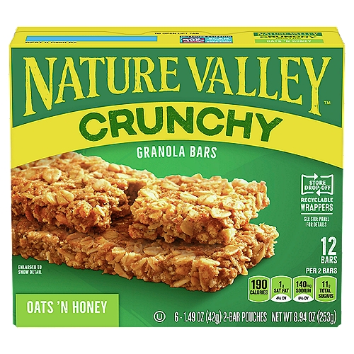 Nature Valley Crunchy Oats 'n Honey Granola Bars, 1.49 oz, 6 count
22g Whole Grain*
*22g of whole grain per serving. At least 48g recommended daily.
