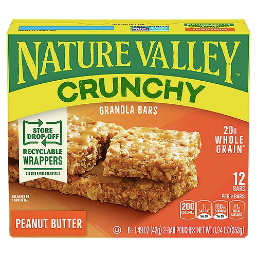 Nature Valley Crunchy Peanut Butter Granola Bars, 1.49 oz, 6 count
20g Whole Grain*
*20g whole grain per serving. At least 48g of whole grain recommended daily.