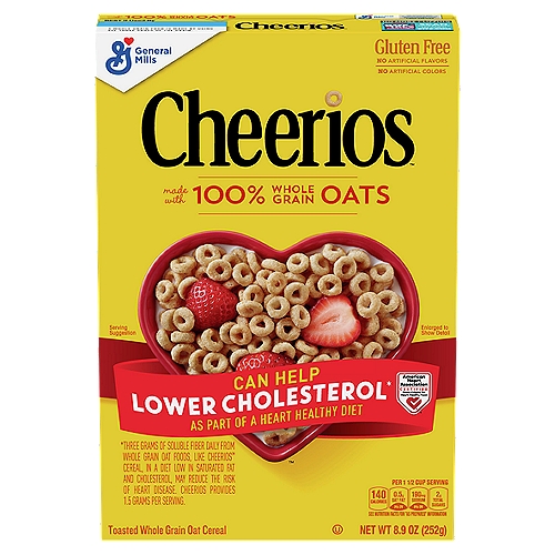 General Mills Cheerios Toasted Whole Grain Oat Cereal, 8.9 oz
Can Help Lower Cholesterol* as Part of a Heart Healthy Diet

From Our Heart to Yours
100% whole grain oats your heart will thank you for.
These little Os are circular dynamos packed with soluble fiber that is linked with happy, healthy hearts* - Thanks for that, whole grain oats! Or just think of them as a delicious start to your day.
Either way, it's 100% oat-loving awesomeness.
*Three Gram of Soluble Fiber Daily from Whole Grain Oat Foods, Like Cheerios™ Cereal, in a Diet Low in Saturated Fat and Cholesterol, May Reduce the Risk of Heart Disease. Cheerios Provides 1.5 Gram per Serving.