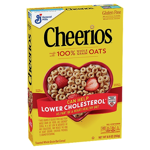 General Mills Cheerios Toasted Whole Grain Oat Cereal, 8.9 oz
Can Help Lower Cholesterol* as Part of a Heart Healthy Diet

From Our Heart to Yours
100% whole grain oats your heart will thank you for.
These little Os are circular dynamos packed with soluble fiber that is linked with happy, healthy hearts* - Thanks for that, whole grain oats! Or just think of them as a delicious start to your day.
Either way, it's 100% oat-loving awesomeness.
*Three Gram of Soluble Fiber Daily from Whole Grain Oat Foods, Like Cheerios™ Cereal, in a Diet Low in Saturated Fat and Cholesterol, May Reduce the Risk of Heart Disease. Cheerios Provides 1.5 Gram per Serving.