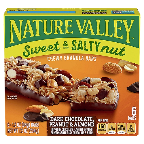 NATURE VALLEY Sweet & Salty Nut Dark Chocolate, Peanut & Almond Chewy Granola Bars, 1.2 oz, 6 count
Dipped in Chocolate Flavored Coating Bursting with Dark Chocolate & Nuts!		