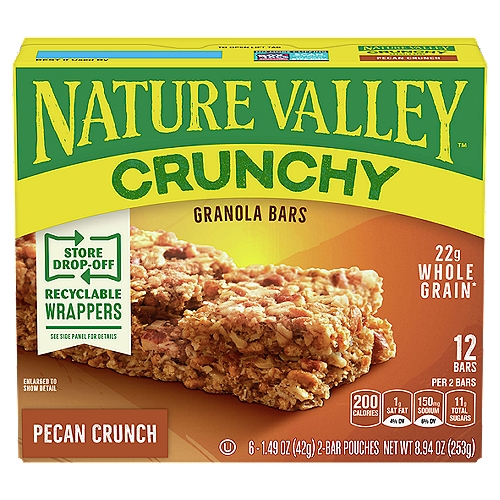 Nature Valley Crunchy Pecan Crunch Granola Bars, 1.49 oz, 6 count
16g of whole grain*
*16g of whole grain per serving. At least 48g of whole grain recommended daily.

Nature Valley™ Crunchy bars are made with the best ingredients from nature like 100% natural whole grain oats and pecans.
Enjoy!