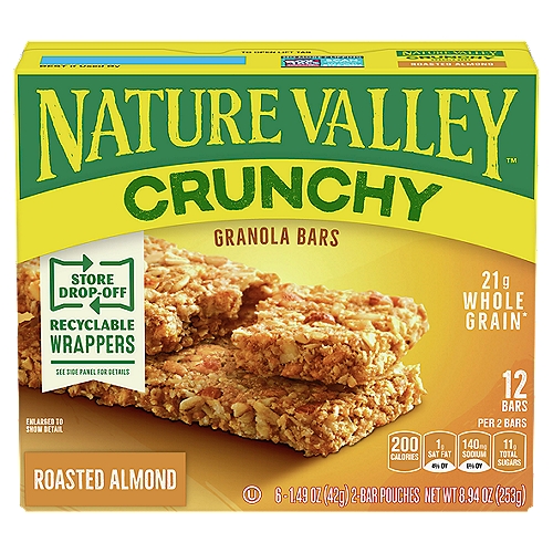 Nature Valley Crunchy Roasted Almond Granola Bars, 1.49 oz, 6 count
16g of whole grain*
*16g of whole grain per serving. At least 48g of whole grain recommended daily.

Nature Valley™ Crunchy bars are made with the best ingredients from nature like 100% natural whole grain oats and almonds.
Enjoy!