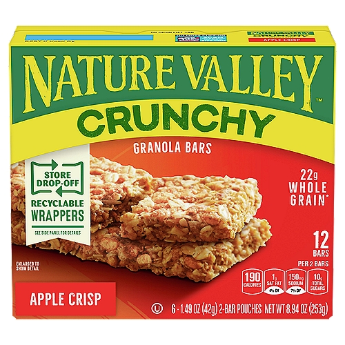 Nature Valley Crunchy Apple Crisp Granola Bars, 1.49 oz, 6 count
16g of whole grain*
*16g of whole grain per serving. At least 48g of whole grain recommended daily.

Nature Valley™ Crunchy bars are made with the best ingredients from nature like 100% natural whole grain oats and apples.
Enjoy!