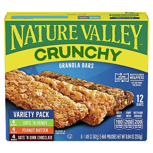 Nature Valley Crunchy Granola Bars Variety Pack, 1.49 oz, 6 countn20g Whole Grain*n*20g of whole grain per serving. At least 48g recommended daily.
