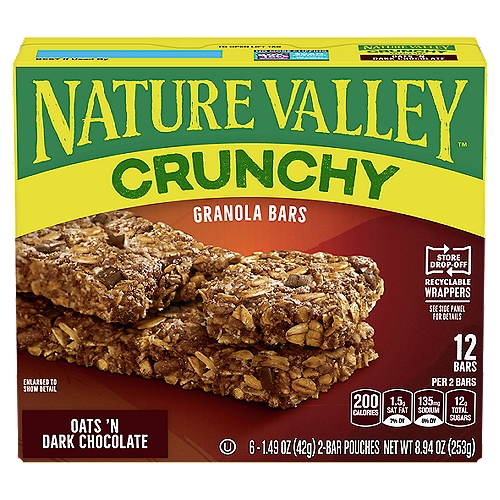 NATURE VALLEY Crunchy Oats 'n Dark Chocolate Granola Bars, 1.49 oz, 6 count
21g Whole Grain*
*21g of whole grain per serving. At least 48g of whole grain recommended daily.