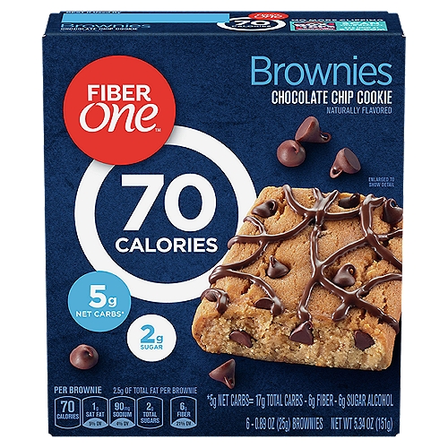 Fiber One Chocolate Chip Cookie Brownies, 0.89 oz, 6 count
5g Net Carbs*
*5g Net Carbs= 17g Total Carbs - 6g Fiber - 6g Sugar Alcohol