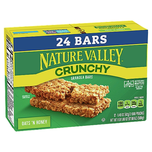 Nature Valley Crunchy Oats 'n Honey Granola Bars, 1.49 oz, 12 count
22g Whole Grain*
*22g of whole grain per serving.
At least 48g recommended daily.