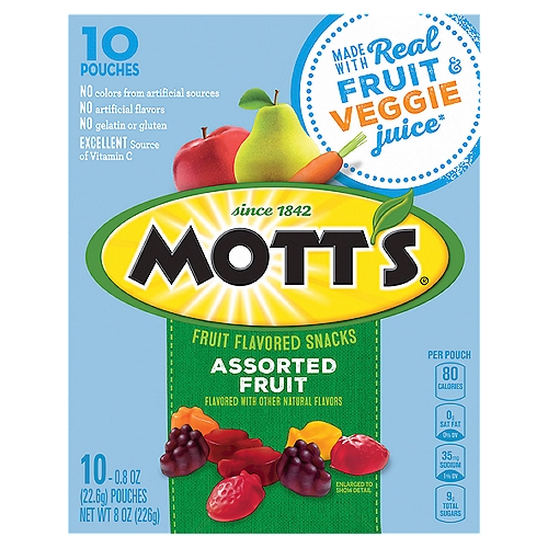 MOTT'S Assorted Fruit Flavored Snacks, 0.8 oz, 10 count
Made with Real Fruit & Veggie Juice*
*These fruit-flavored snacks are made with pear, apple, and carrot juice concentrates. See below for a complete list of ingredients. They are not intended to replace fruit or vegetables in the diet.