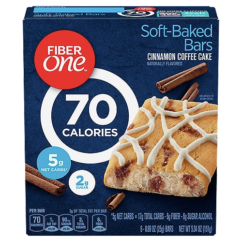 Fiber One Cinnamon Coffee Cake Soft-Baked Bars, 0.89 oz, 6 count
5g net carbs*
*5g net carbs = 17g total carbs - 6g fiber - 6g sugar alcohol