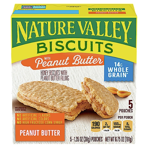Nature Valley Honey Biscuits with Peanut Butter Filling, 1.35 oz, 5 count
14g Whole Grain*
*14g of whole grain per serving. At least 48g recommended daily.