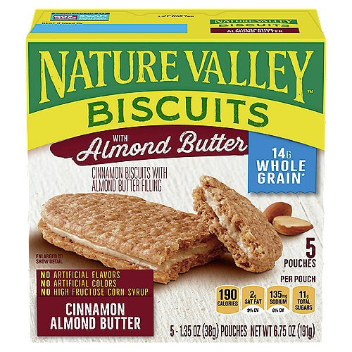 Nature Valley Cinnamon Almond Butter Biscuits, 1.35 oz, 5 count
Cinnamon Biscuits with Almond Butter Filling

14g Whole Grain*
*14g of whole grain per serving. At least 48g recommended daily.