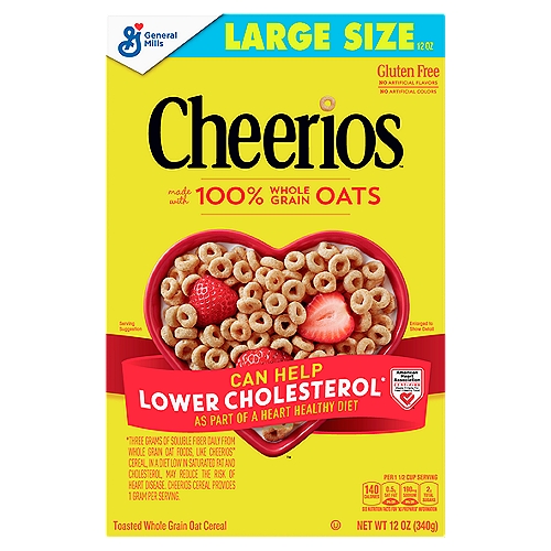 General Mills Cheerios Toasted Whole Grain Oat Cereal Large Size, 12 oz
Can Help Lower Cholesterol* as Part of a Healthy Diet

From Our Heart to Yours
100% whole grain oats your heart will thank you for.
These little Os are circular dynamos packed with soluble fiber that is linked with happy, healthy hearts* - thanks for that, whole grain oats! Or just think of them as a delicious start to your day. Either way, it's 100% oat-loving awesomeness.
*Three Gram of Soluble Fiber Daily from Whole Grain Oat Foods, Like Cheerios™ Cereal, in a Diet Low in Saturated Fat and Cholesterol, May Reduce the Risk of Heart Disease. Cheerios Provides 1.5 Gram Per Serving.

Not made with genetically modified ingredients.*
*Trace amounts of genetically modified (also known as ''genetically engineered'') material may be present due to potential cross contact during manufacturing and shipping.