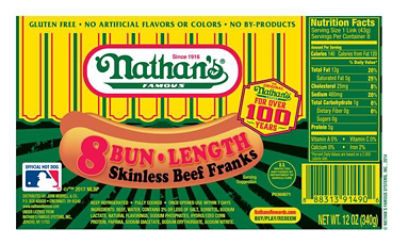 Nathan's Famous Bun-Length Skinless Beef Franks, 8 count, 12 oz, 12 Ounce