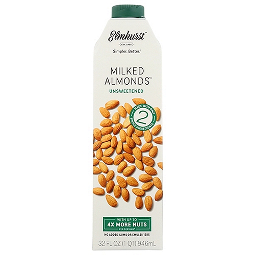 With up to 4x More to Almonds†n†Per Serving Compared to Other Leading BrandsnnThe Elmhurst® DifferencenMore Almonds in Every SipnOur almond milk is made with up to 4x more almonds per glass compared to other leading brands.nnOnly 2 Simple IngredientsnBy using more almonds, we're able to create a naturally smooth and creamy plant milk with no room for added gums, oils or thickening agents.