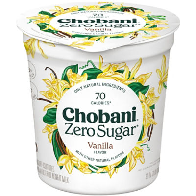 Chobani Zero Sugar Vanilla Flavor Yogurt, 32 oz
Yogurt-Cultured Ultra-Filtered Nonfat Milk

13g* Protein

We did it—we took the sugar out of the milk! Using natural fermentation, where live and active yogurt cultures and probiotics magically eat the sugars found in milk. We sweeten it with only natural sugar alternatives. This one-of-a-kind product has zero sugar*. Lots of protein. No lactose. And 70 calories.
*Per Serving. Not a Low Calorie Food.

6 live and active cultures: S. Thermophilus, L. Bulgaricus, L. Acidophilus, Bifidus, L. Casei, and L. Rhamnosus.