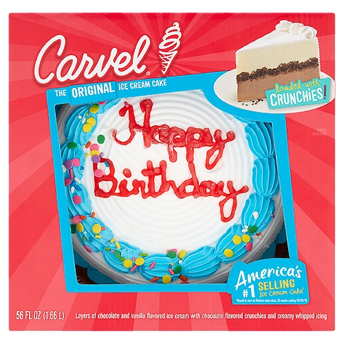 It's what happy tastes like! Layers of chocolate and artificially flavored vanilla ice cream with chocolate flavored crunchies and creamy whipped frosting. The original ice cream cake. Serves 10 - 15.