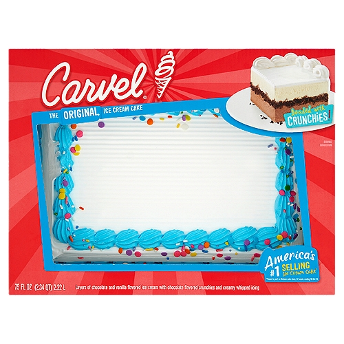 Carvel The Original Ice Cream Cake, 75 fl oz
Layers of Chocolate and Vanilla Flavored Ice Cream with Chocolate Flavored Crunchies and Creamy Whipped Icing

America's #1 selling ice cream cake*
*Based in part on Nielsen sales data, 52 weeks ending 10/04/16