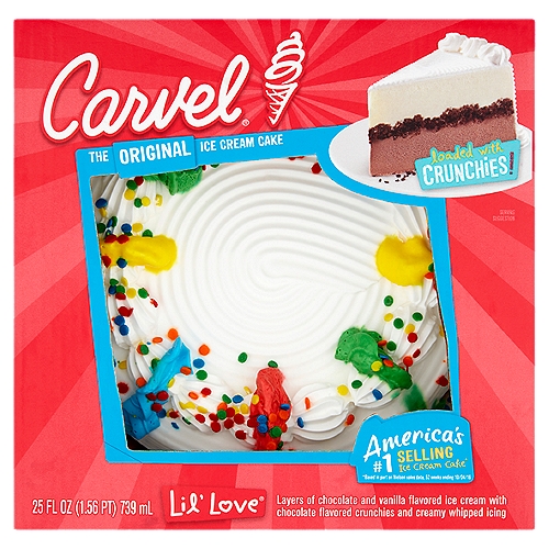 Carvel Lil' Love The Original Ice Cream Cake, 25 fl oz
Layers of Chocolate and Vanilla Flavored Ice Cream with Chocolate Flavored Crunchies and Creamy Whipped Icing

America's #1 selling ice cream cake*
*Based in part on Nielsen sales data, 52 weeks ending 10/04/16