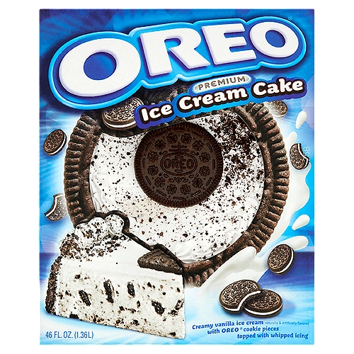 Oreo Premium Creamy Vanilla Ice Cream Cake, 46 fl oz
Creamy Vanilla Ice Cream with Oreo® Cookie Pieces Topped with Whipped Icing