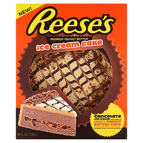 Reese's Premium Peanut Butter Ice Cream Cake, 46 fl oz
Chocolate Ice Cream with Chunks of Reese's Peanut Butter Cups & a Layer of Reese's Peanut Butter, Whipped Icing & Chocolate Drizzle