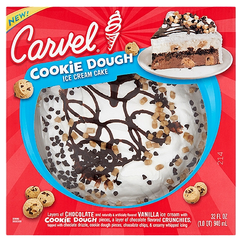 Carvel Cookie Dough Ice Cream Cake, 32 fl oz
Layers of Chocolate and Naturally & Artificially Flavored Vanilla Ice Cream with Cookie Dough Pieces, a Layer of Chocolate Flavored Crunchies, Topped with Chocolate Drizzle, Cookie Dough Pieces, Chocolate Chips, & Creamy Whipped Icing