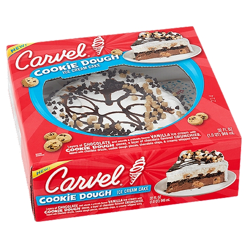 Carvel Cookie Dough Ice Cream Cake, 32 fl oz
Layers of Chocolate and Naturally & Artificially Flavored Vanilla Ice Cream with Cookie Dough Pieces, a Layer of Chocolate Flavored Crunchies, Topped with Chocolate Drizzle, Cookie Dough Pieces, Chocolate Chips, & Creamy Whipped Icing