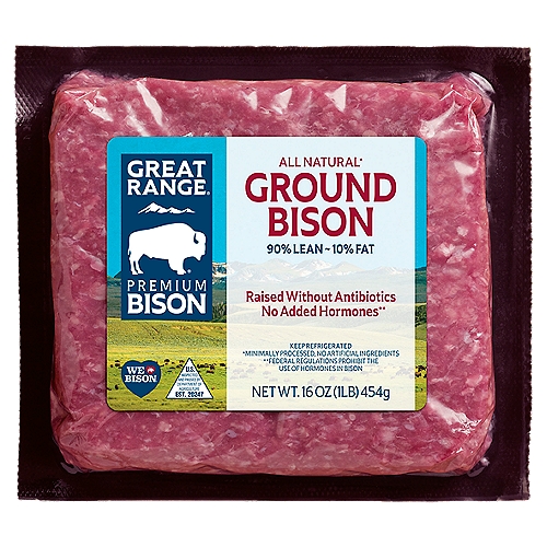Great Range Premium Ground Bison, 16 oz
All natural*
* Minimally processed, no artificial ingredients

Raised without antibiotics, no added hormones**
**Federal regulations prohibit the use of hormones in bison

Why our Bison?
We are champions for bison producers. We are vertically integrated. We put food quality and safety first.