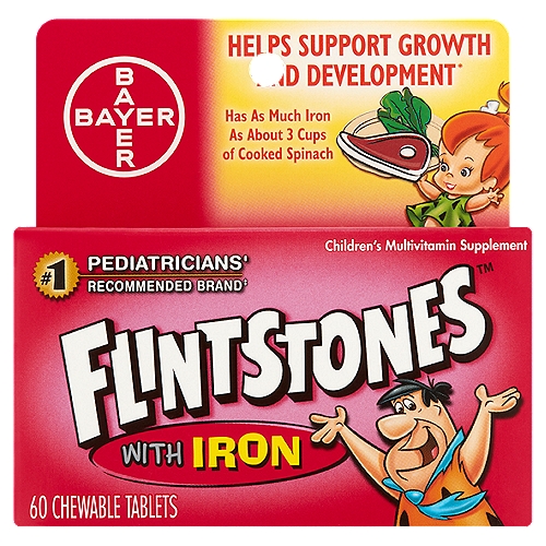 Bayer Flintstones Chewable Tablets with Iron, 60 count
Children's Multivitamin Supplement

Helps support growth and development*

With nutrients your child may need to:*
Support eye health with vitamin A, vitamin C and vitamin E
Support energy with vitamins B1, B2, B3, B5, B6 and B12 to help convert food to fuel
Support immune health with vitamins A, C, D and E
*This statement has not been evaluated by the Food and Drug Administration. This product is not intended to diagnose, treat, cure, or prevent any disease.