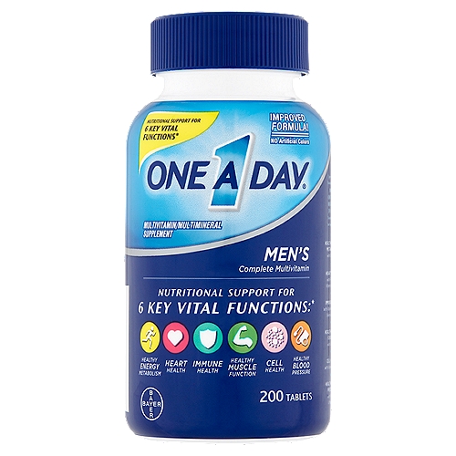 One A Day Men's Complete Multivitamin Tablets, 200 count
Multivitamin/Multimineral Supplement

Nutritional support for 6 key vital functions:*

Specialized formula with more of what matters to men
Formulated to Support:*
Healthy energy metabolism‡ with B vitamins
Heart health† with folic acid, vitamins B6 & B12
Immune health with vitamins A, C, D, E, selenium & zinc
Healthy muscle function with vitamin D
Cell health with vitamins A, C & E
Healthy blood pressure†† with vitamin D & magnesium
‡With B vitamins to help convert food to fuel
††To help support blood pressure levels already within the normal range.
†Not a replacement for heart medications
*This statement has not been evaluated by the Food and Drug Administration. This product is not intended to diagnose, treat, cure, or prevent any disease.

Free of: artificial colors, artificial flavors and artificial sweeteners and fish/shellfish, egg and dairy allergens