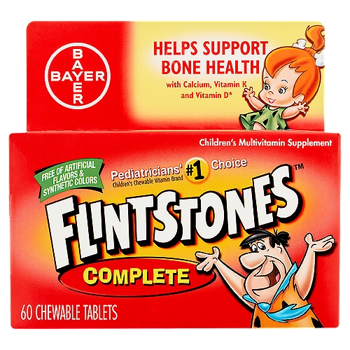Flintstones Complete Chewable Tablets, 60 count
Children's Multivitamin Supplement 

Helps Support Bone Health with calcium, vitamin K and vitamin D*

Supports Eye Health with vitamin A, vitamin C and vitamin E*

Supports Immune Health with vitamins A, C, D, E and zinc*

Supports Growth & Development with vitamin A, vitamin D, zinc and iodine*
*This statement has not been evaluated by the Food and Drug Administration. This product is not intended to diagnose, treat, cure, or prevent any disease.