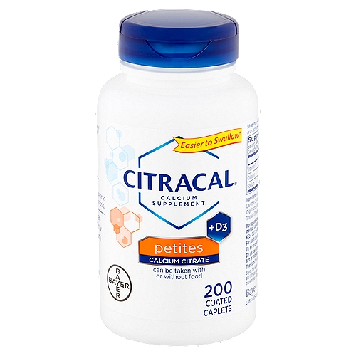 Citracal Petites Calcium Citrate +D3 Coated Caplets, 200 count
Calcium Supplement

Easier to swallow†

Defy bone aging with Citracal calcium and a high level of vitamin D3.
Adequate calcium and vitamin D throughout life, as part of a well-balanced diet, may reduce the risk of osteoporosis.

Citracal petites comes in smaller,† easier to swallow caplets made with calcium citrate, a different kind of calcium:
• highly soluble, easily absorbed
• can be taken with or without food
† Compared to Citracal Maximum Plus