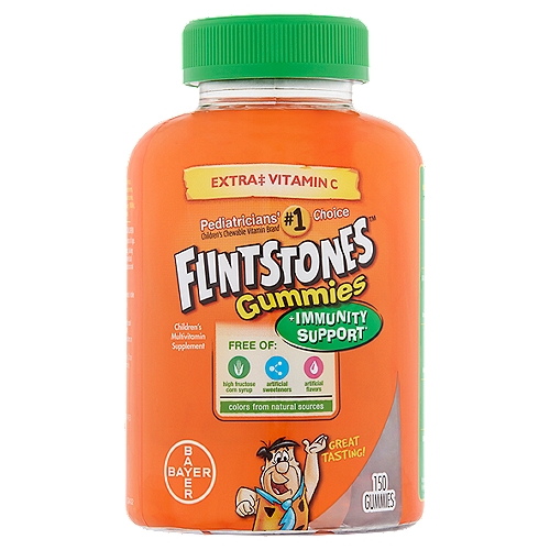 Flintstones Children's Multivitamin + Immunity Support Gummies, 150 count
Children's Multivitamin Supplement

Extra‡ vitamin C
‡With 67% DV more vitamin C than Flintstones Complete Gummies (90 mg vs. 30 mg)

+ Immunity support*

Great tasting!

Rich in 10 key nutrients important for kids
Supports:*
Eye Health
Vitamins A, C & E

Growth & Development
Vitamin A, D, zinc & iodine

Immune Health
Vitamins A, C, D, E & zinc

Bone Health
Vitamin D

Energy Metabolism
Vitamins B5, B6, B12 & biotin (to help convert food to energy)
*This statement has not been evaluated by the Food and Drug Administration. This product is not intended to diagnose, treat, cure, or prevent any disease.

Does Not Contain: High fructose corn syrup, GMOs, artificial sweeteners, artificial flavors, aspartame, and fish/shellfish, dairy (milk), egg, and soy allergens
