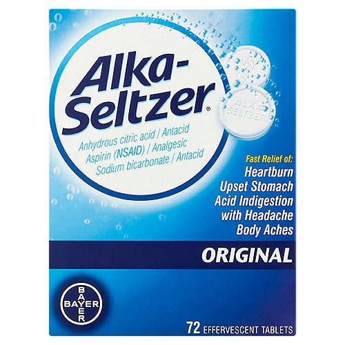 Alka-Seltzer Original Effervescent Tablets, 72 countnAnhydrous Citric Acid / Antacid Aspirin (NSAID) / Analgesic Sodium Bicarbonate / AntacidnnAlka-Seltzer in water contains principally the antacid sodium citrate and the analgesic sodium acetylsalicylatennUsesnFor the temporary relief of:n• heartburn, acid indigestion, and sour stomach when accompanied with headache or body aches and painsn• upset stomach with headache from overindulgence in food or drinkn• headache, body aches, and pain alonennDrug FactsnActive ingredients (in each tablet) - PurposenAnhydrous citric acid 1000 mg, Sodium bicarbonate (heat-treated) 1916 mg - AntacidnAspirin 325 mg (NSAID)* - Analgesicn*nonsteroidal anti-inflammatory drug