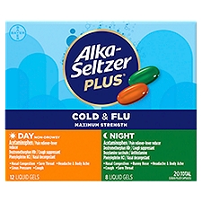Alka-Seltzer Plus Maximum Strength Cold & Flu Day + Night Liquid Filled Capsules, 20 count