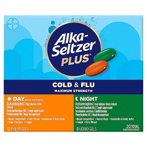 Alka-Seltzer Plus Maximum Strength Cold & Flu Day + Night Liquid Filled Capsules, 20 count
Alka Seltzer Plus® Maximum Strength Day Cold & Flu Liquid Gels
Non-Drowsy

Drug Facts
Active ingredients (in each capsule) - Purposes
Acetaminophen 325 mg - Pain reliever/fever reducer
Dextromethorphan hydrobromide 10 mg - Cough suppressant
Phenylephrine hydrochloride 5 mg - Nasal decongestant

Uses
• temporarily relieves these symptoms due to a cold or flu:
 • minor aches and pains
 • headache
 • cough
 • sore throat
 • nasal and sinus congestion
• temporarily reduces fever

Alka-Seltzer Plus® Maximum Strength Night Cold & Flu Liquid Gels

Drug Facts
Active ingredients (in each capsule) - Purposes
Acetaminophen 325 mg - Pain reliever/fever reducer
Dextromethorphan hydrobromide 10 mg - Cough suppressant
Doxylamine succinate 6.25 mg - Antihistamine
Phenylephrine hydrochloride 5 mg - Nasal decongestant

Uses
• temporarily relieves these symptoms due to a cold or flu:
 • minor aches and pains 
 • headache
 • nasal and sinus congestion 
 • cough 
 • sore throat
 • runny nose
• temporarily reduces fever