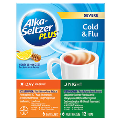 Alka-Seltzer Plus Honey Lemon Zest Severe Cold & Flu Day and Night Packets, 12 count, 12 Each