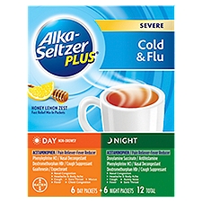 Alka-Seltzer Plus Honey Lemon Zest Severe Cold & Flu Day and Night Packets, 12 count