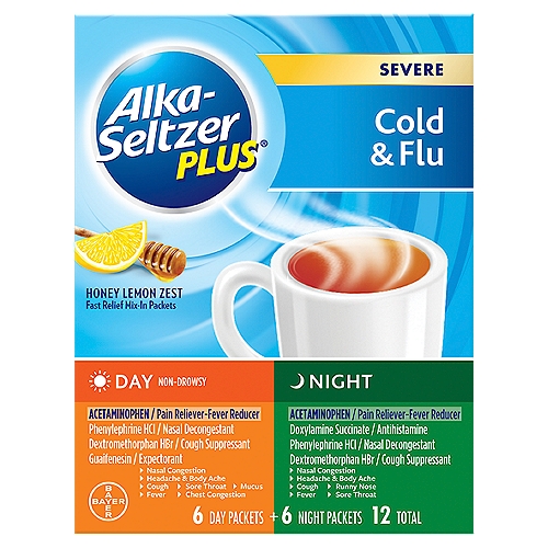 Alka-Seltzer Plus Honey Lemon Zest Severe Cold & Flu Day and Night Packets, 12 count
Day
Non-Drowsy
► Nasal congestion
► Headache & body ache
► Cough
► Sore throat
► Mucus
► Fever
► Chest congestion

Night
► Nasal congestion
► Headache & body ache
► Cough
► Runny nose
► Fever
► Sore throat

Alka-Seltzer Plus® Severe Cold + Flu Day
Drug Facts
Active ingredients (in each packet) - Purposes
Acetaminophen 500 mg - Pain reliever/fever reducer
Dextromethorphan hydrobromide 20 mg - Cough suppressant
Guaifenesin 400 mg - Expectorant
Phenylephrine hydrochloride 10 mg - Nasal decongestant

Uses
• temporarily relieves these symptoms due to a cold or flu:
 • minor aches and pains
 • headache
 • sore throat
 • cough
 • nasal congestion
 • sinus congestion and pressure
• helps loosen phlegm (mucus) and thin bronchial secretions to rid the bronchial passageways of bothersome mucus
• temporarily reduces fever

Alka-Seltzer Plus® Severe Cold + Flu Night
Drug Facts
Active ingredients (in each packet) - Purposes
Acetaminophen 650 mg - Pain reliever/fever reducer
Dextromethorphan hydrobromide 20 mg - Cough suppressant
Doxylamine succinate 12.5 mg - Antihistamine
Phenylephrine hydrochloride 10 mg - Nasal decongestant

Uses
• temporarily relieves these symptoms due to a cold or flu:
 • headache
 • minor aches and pains
 • cough
 • sore throat
 • nasal congestion
 • sinus congestion and pressure
 • runny nose
 • sneezing
• temporarily reduces fever