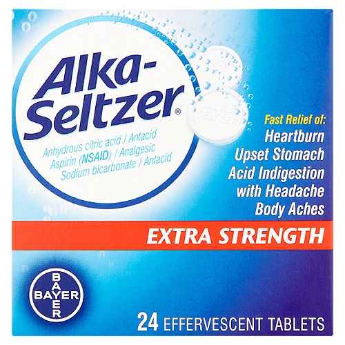 Alka-Seltzer Extra Strength Effervescent Tablets, 24 count
Uses
For the temporary relief of:
• heartburn, acid indigestion, and sour stomach when accompanied with headache or body aches and pains
• upset stomach with headache from overindulgence in food or drink
• headache, body aches, and pain alone

Drug Facts
Active ingredients (in each tablet) - Purpose
Anhydrous citric acid 1000 mg, Sodium bicarbonate (heat-treated) 1985 mg - Antacid
Aspirin 500 mg (NSAID)* - Analgesic
*nonsteroidal anti-inflammatory drug