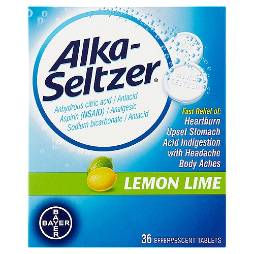Alka-Seltzer Lemon Lime Effervescent Tablets, 36 count
Alka-Seltzer Lemon Lime in water contains principally the antacid sodium citrate and the analgesic sodium acetylsalicylate

Uses
For the temporary relief of
• heartburn, acid indigestion, and sour stomach when accompanied with headache or body aches and pains
• upset stomach with headache from overindulgence in food or drink
• pain alone (headache or body and muscular aches and pains)

Drug Facts
Active ingredients (in each tablet) - Purpose
Anhydrous citric acid 1000 mg, Sodium bicarbonate (heat-treated) 1700 mg - Antacid
Aspirin 325 mg (NSAID)* - Analgesic
*nonsteroidal anti-inflammatory drug